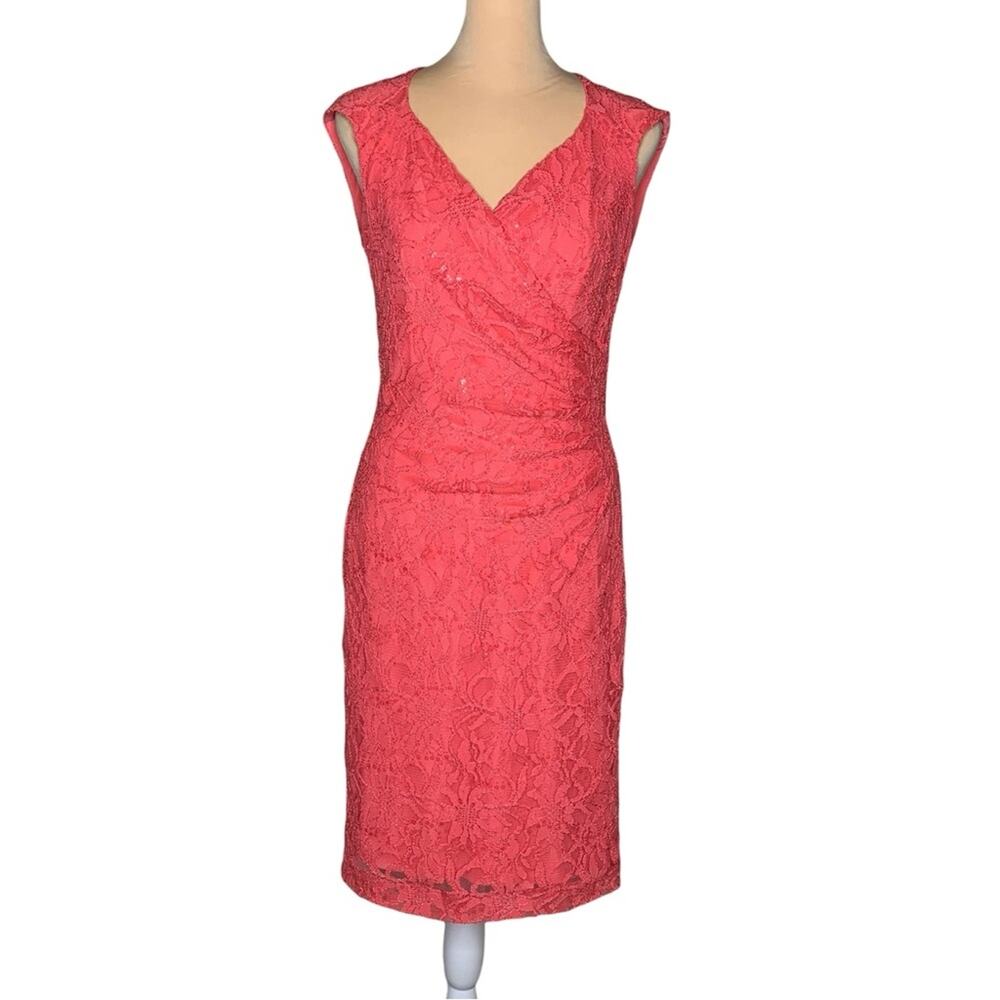 Lauren Ralph Lauren Lace Sequin Dress 6 Ruched Sheath Faux Wrap Coral Cocktail